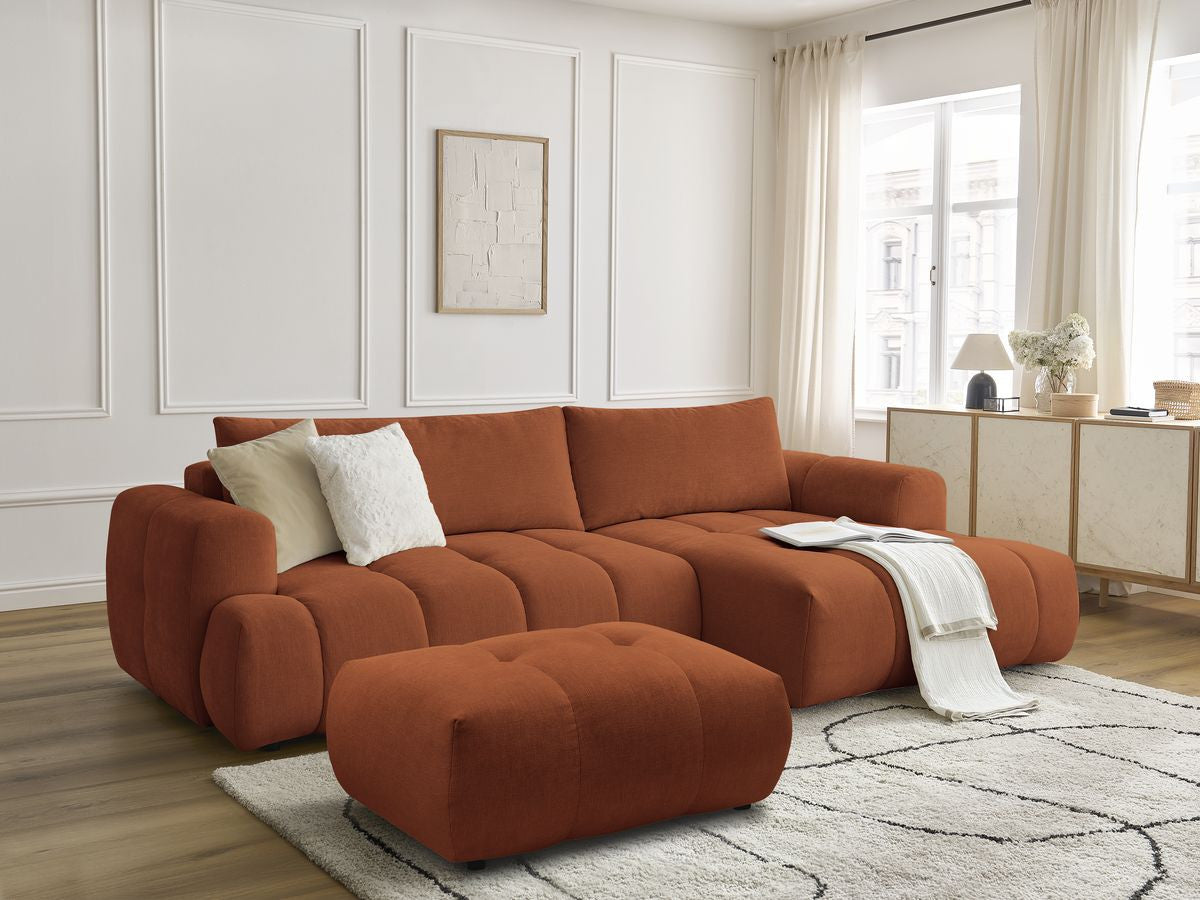 Canapé d'angle convertible FUJI tissu lisse avec pouf - Angle droit