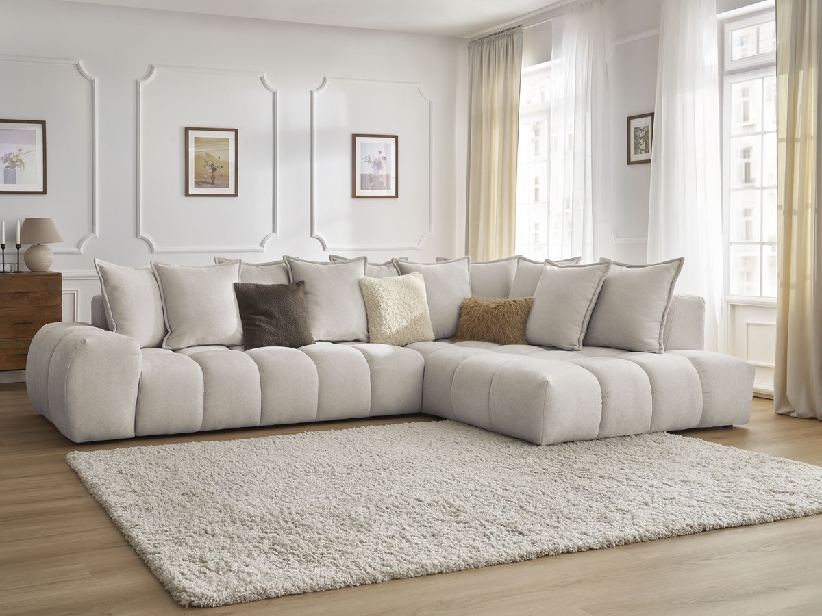 Canapé d'angle fixe EVEREST tissu texturé - Angle droit - 10 coussins