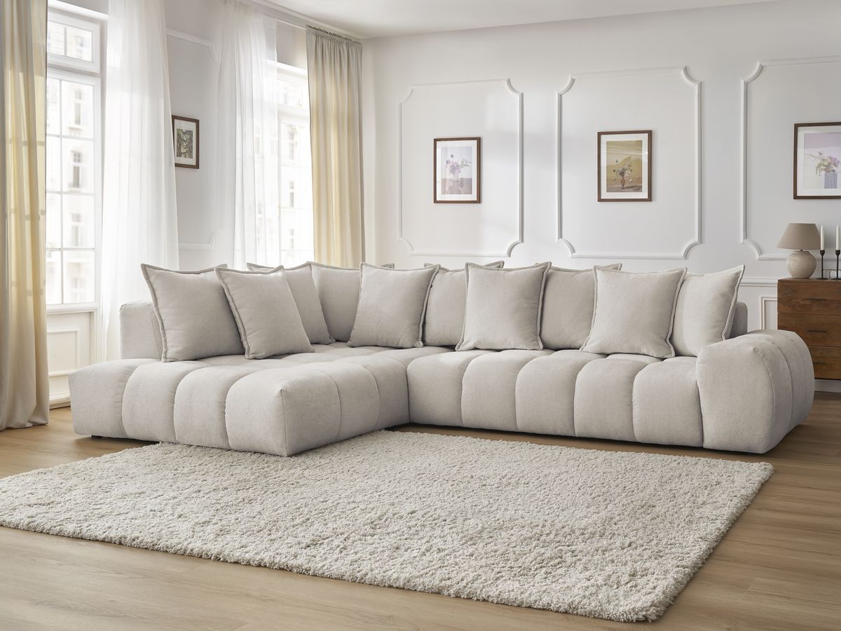 Canapé d'angle fixe EVEREST tissu texturé - Angle gauche - 10 coussins