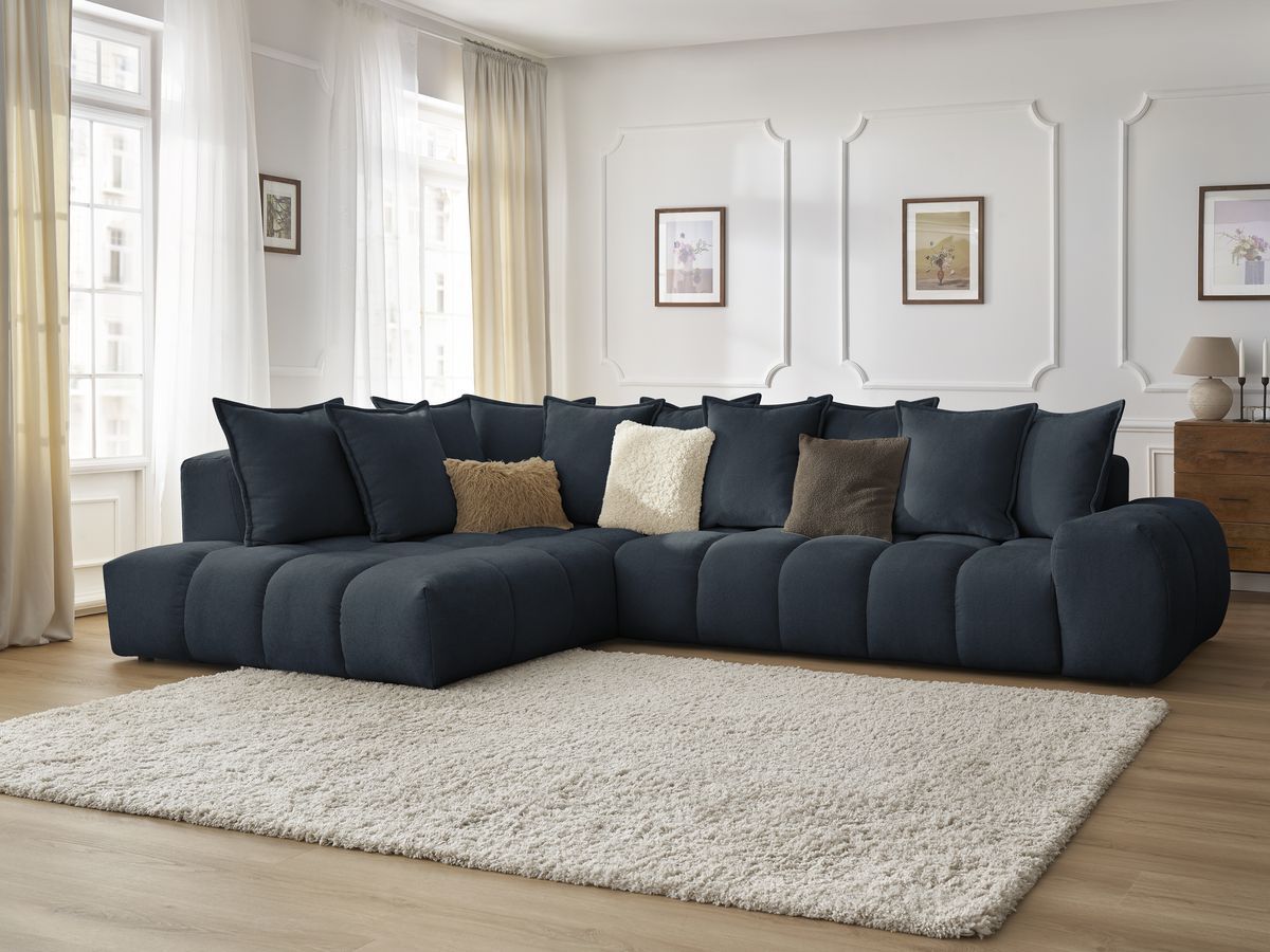 Canapé d'angle fixe EVEREST tissu texturé - Angle gauche - 10 coussins
