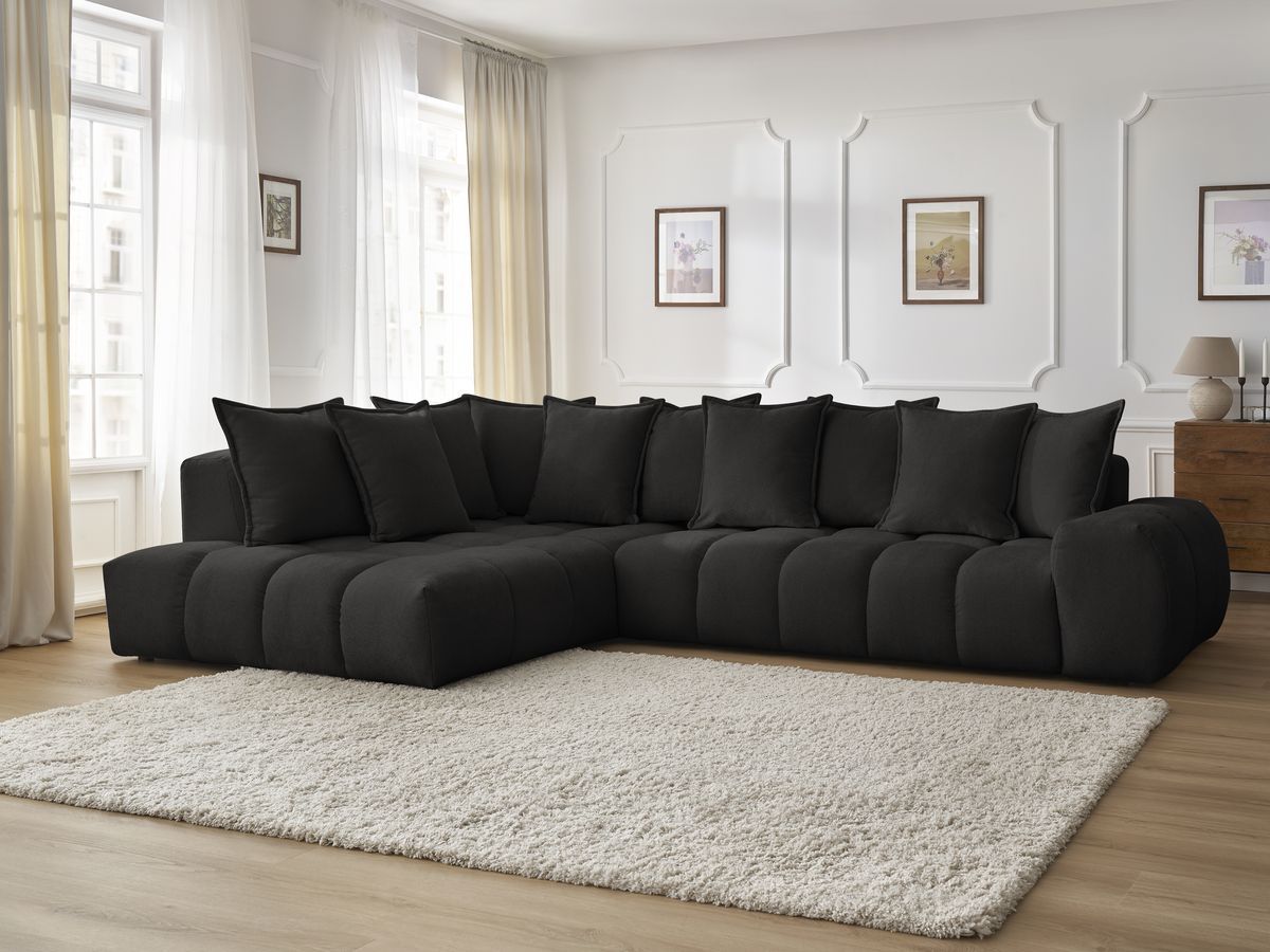 Canapé d'angle fixe EVEREST tissu texturé - Angle gauche - 10 coussins