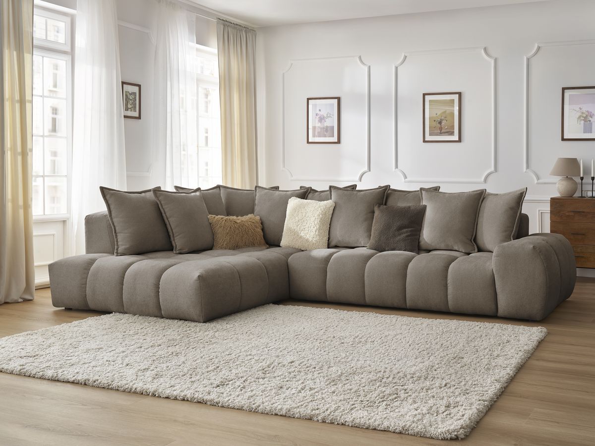 Canapé d'angle fixe EVEREST tissu texturé - Angle gauche - 10 coussins