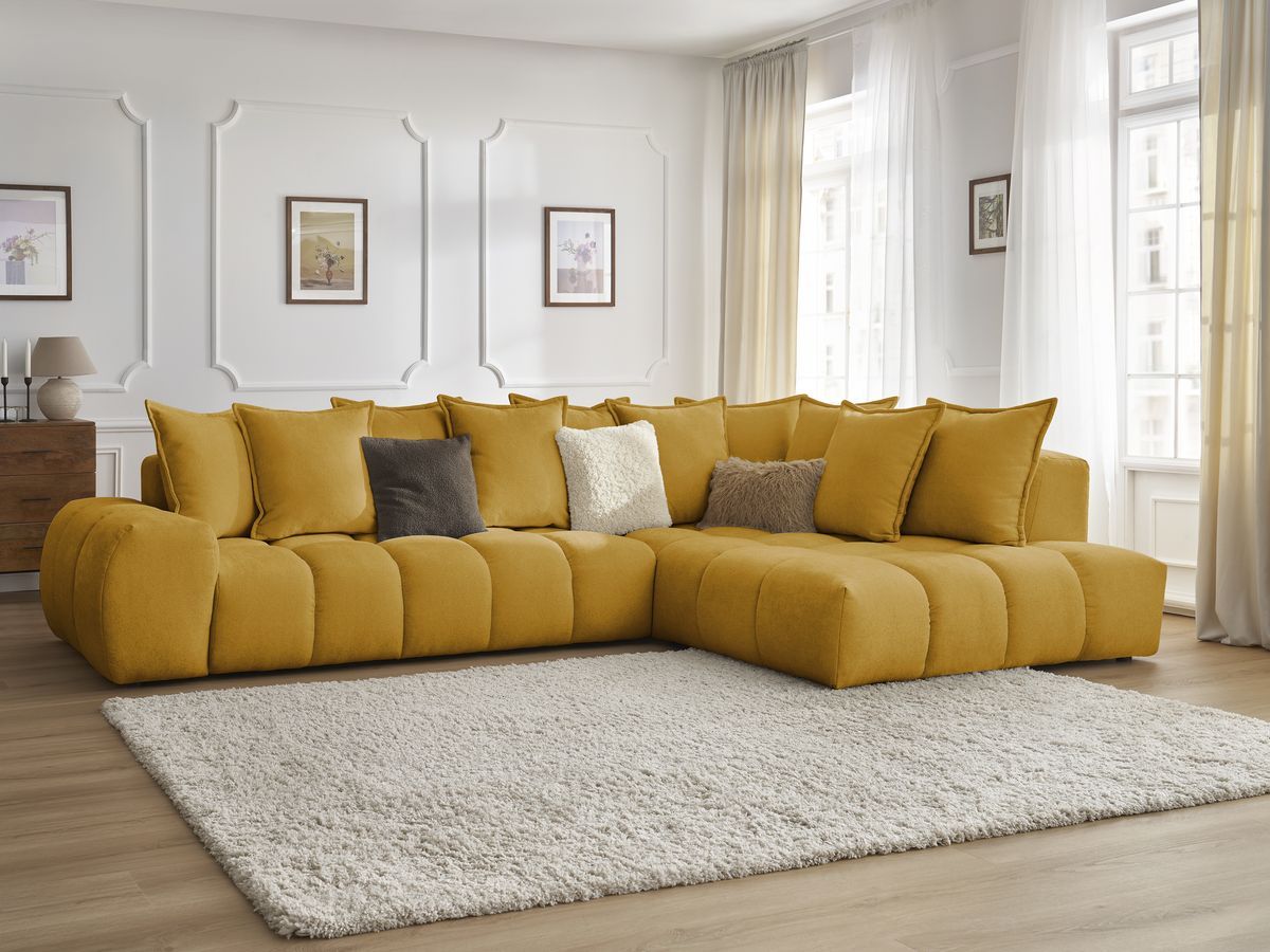 Canapé d'angle fixe EVEREST tissu texturé - Angle droit - 10 coussins