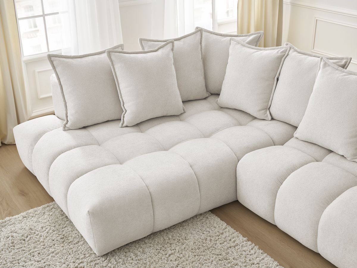 Canapé d'angle fixe EVEREST tissu texturé - Angle gauche - 10 coussins