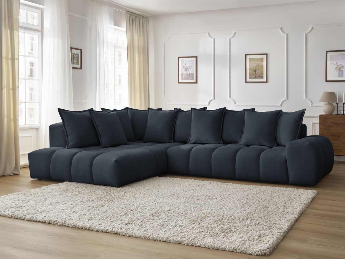Canapé d'angle fixe EVEREST tissu texturé - Angle gauche - 10 coussins