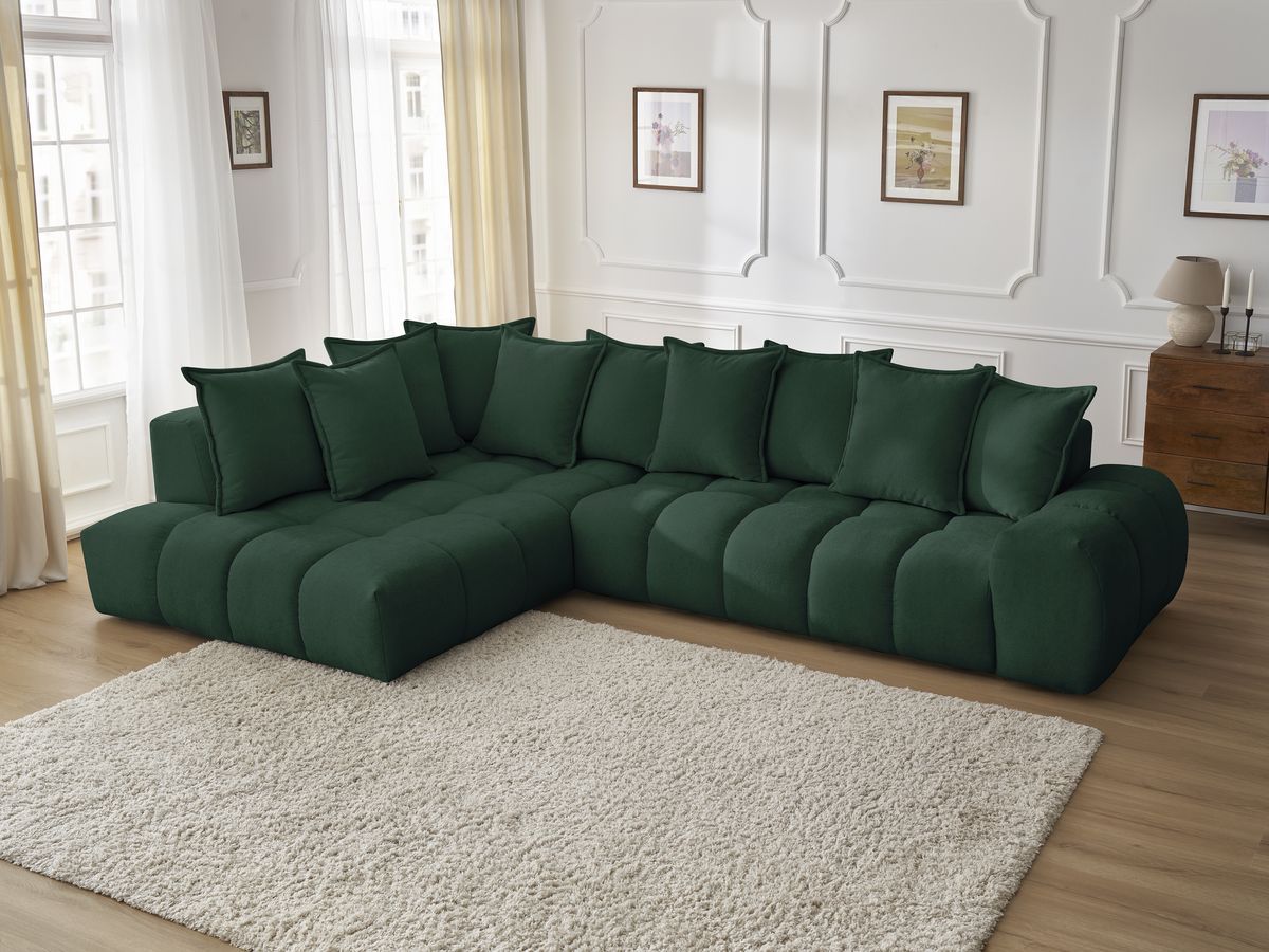 Canapé d'angle fixe EVEREST tissu texturé - Angle gauche - 10 coussins
