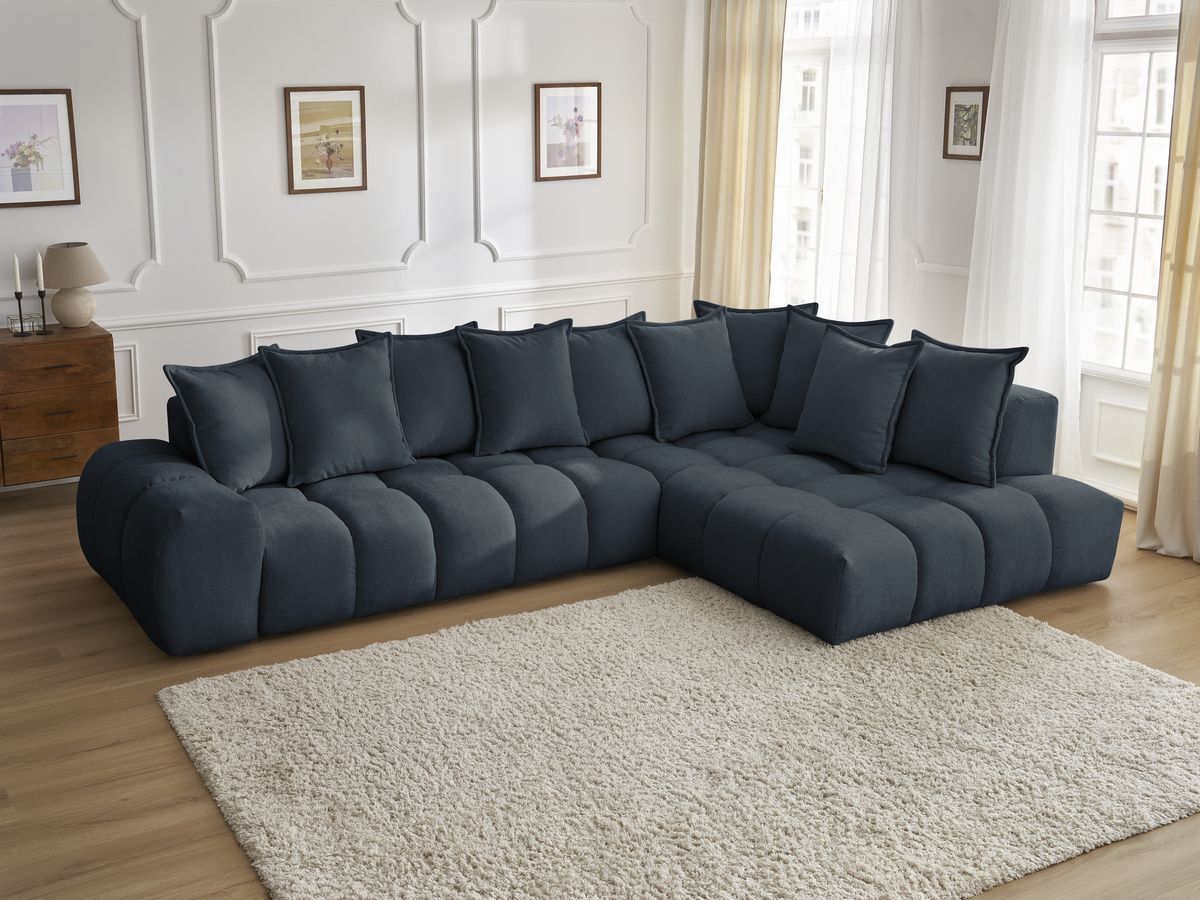 Canapé d'angle fixe EVEREST tissu texturé - Angle droit - 10 coussins