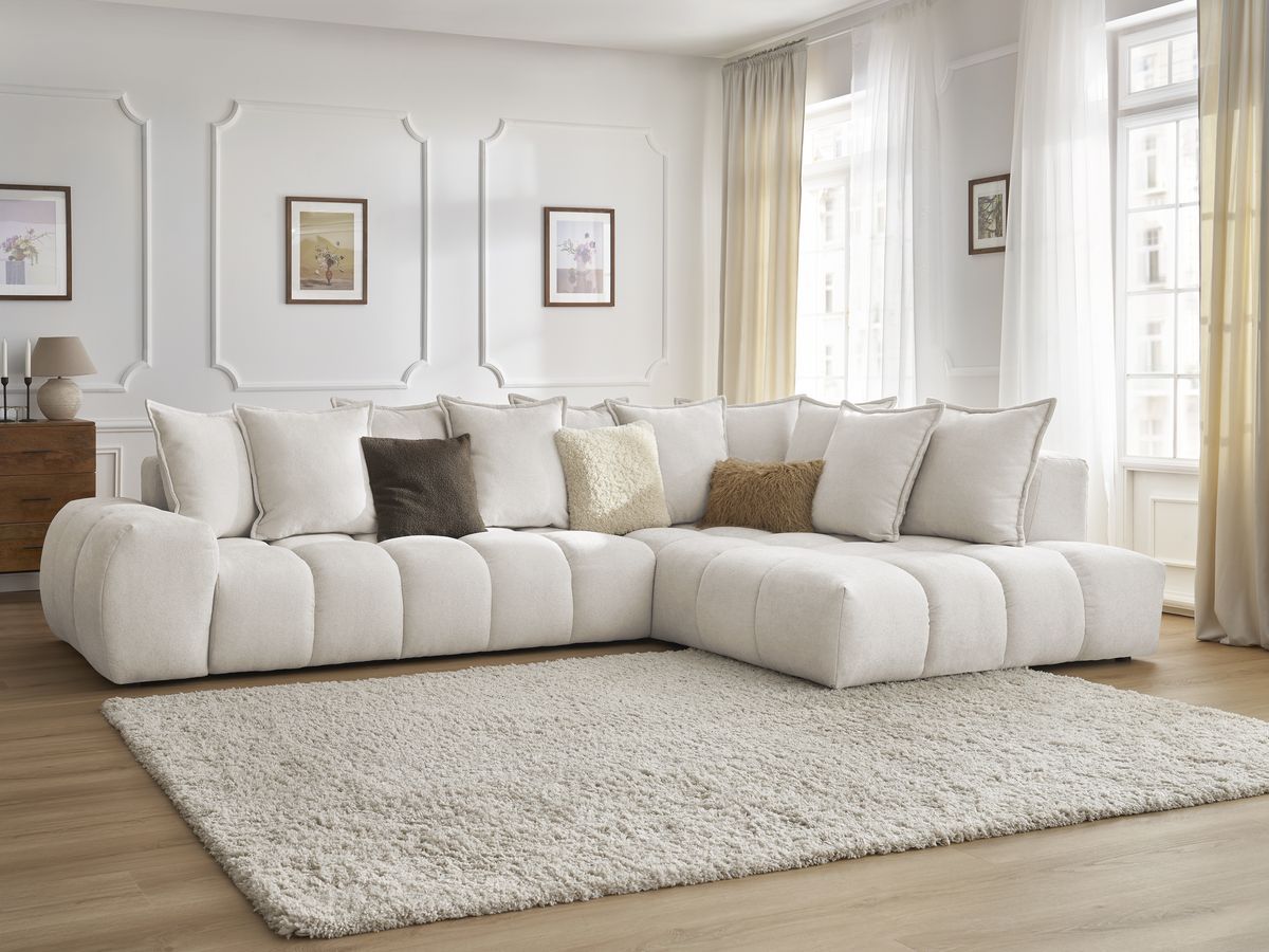 Canapé d'angle fixe EVEREST tissu texturé - Angle droit - 10 coussins