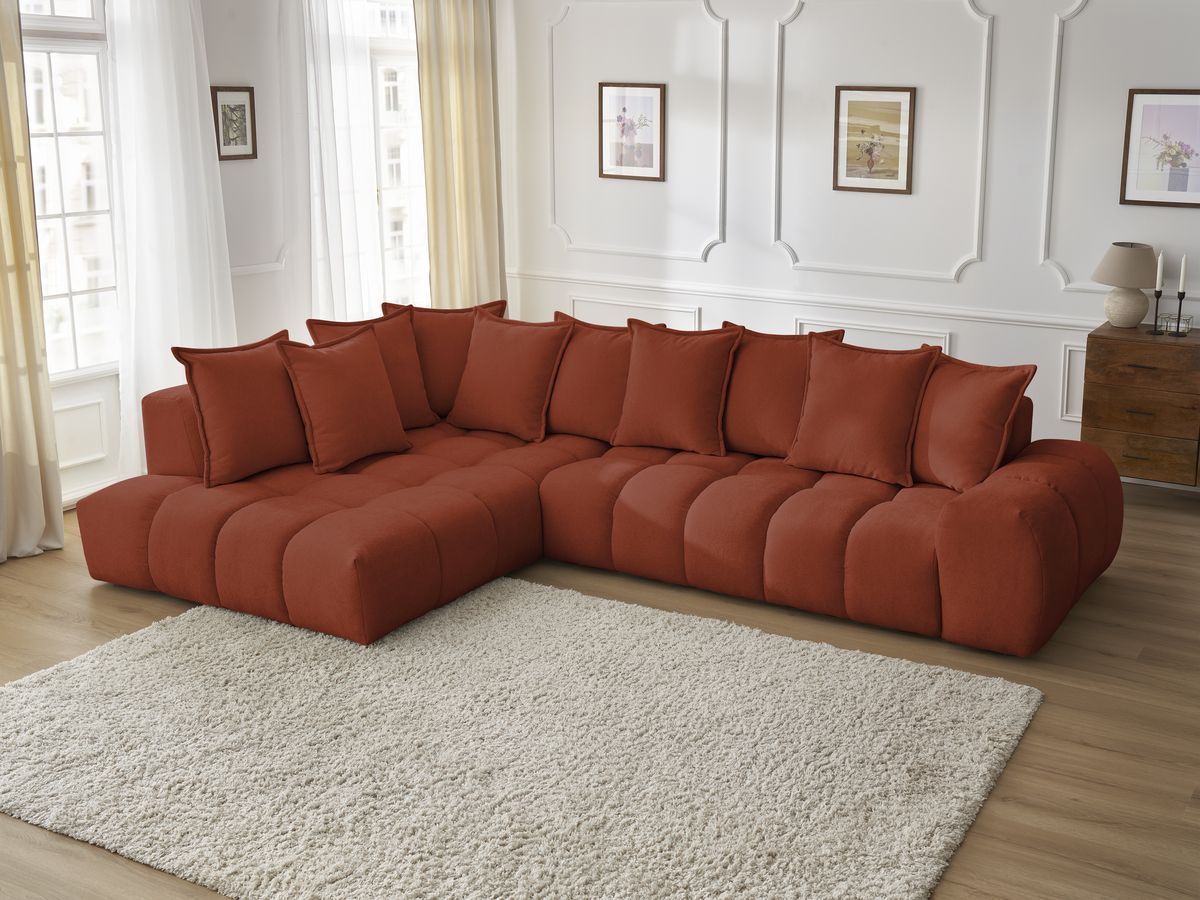 Canapé d'angle fixe EVEREST tissu texturé - Angle gauche - 10 coussins