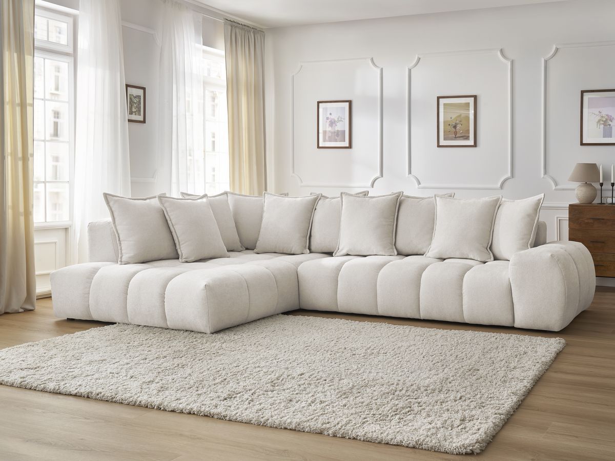Canapé d'angle fixe EVEREST tissu texturé - Angle gauche - 10 coussins