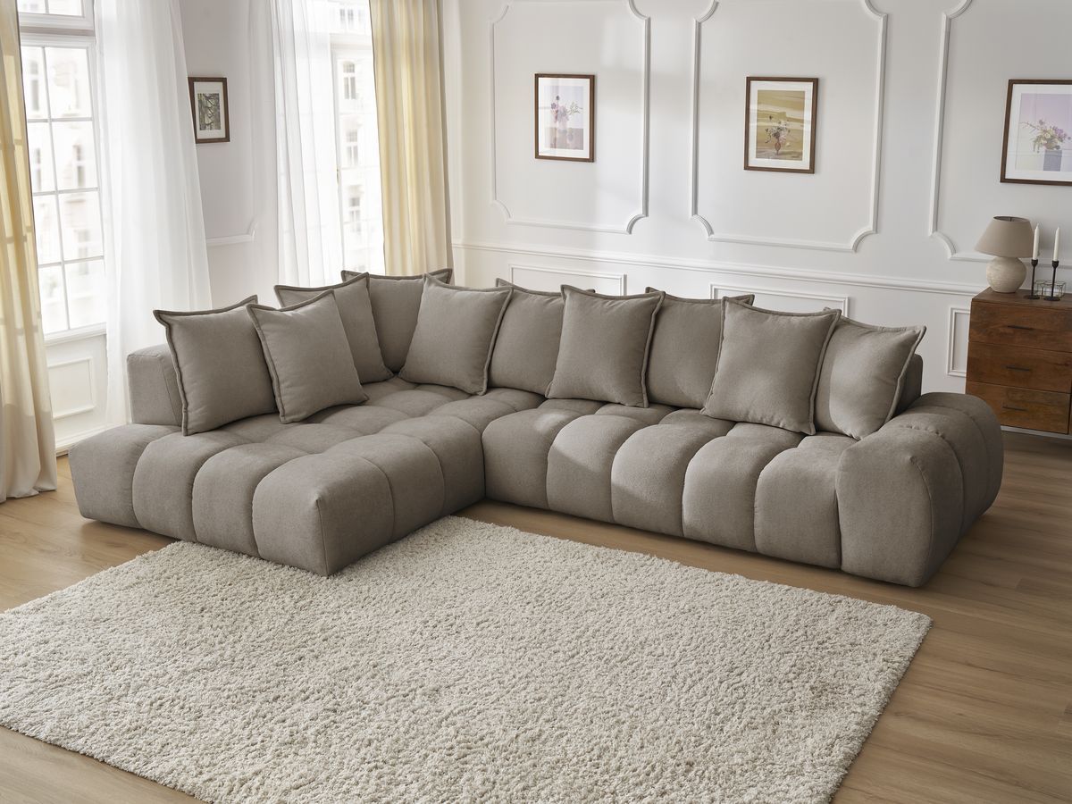 Canapé d'angle fixe EVEREST tissu texturé - Angle gauche - 10 coussins