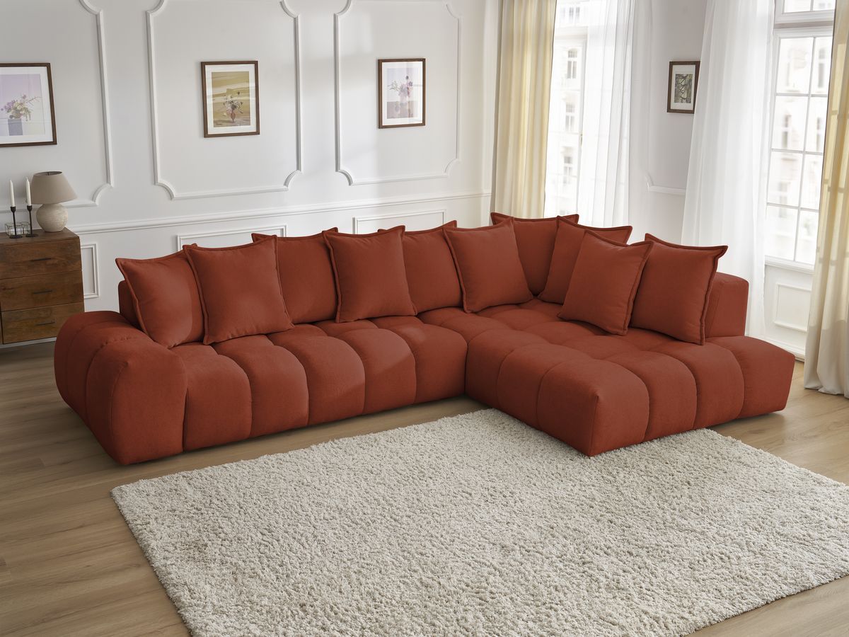 Canapé d'angle fixe EVEREST tissu texturé - Angle droit - 10 coussins