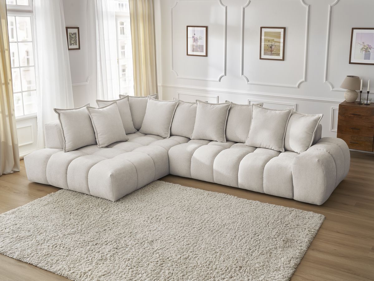 Canapé d'angle fixe EVEREST tissu texturé - Angle gauche - 10 coussins