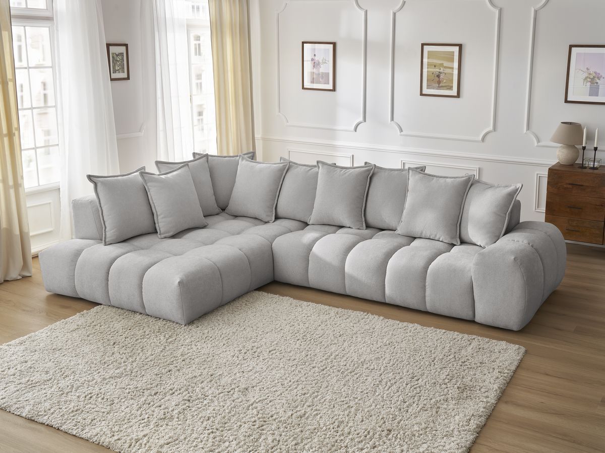 Canapé d'angle fixe EVEREST tissu texturé - Angle gauche - 10 coussins