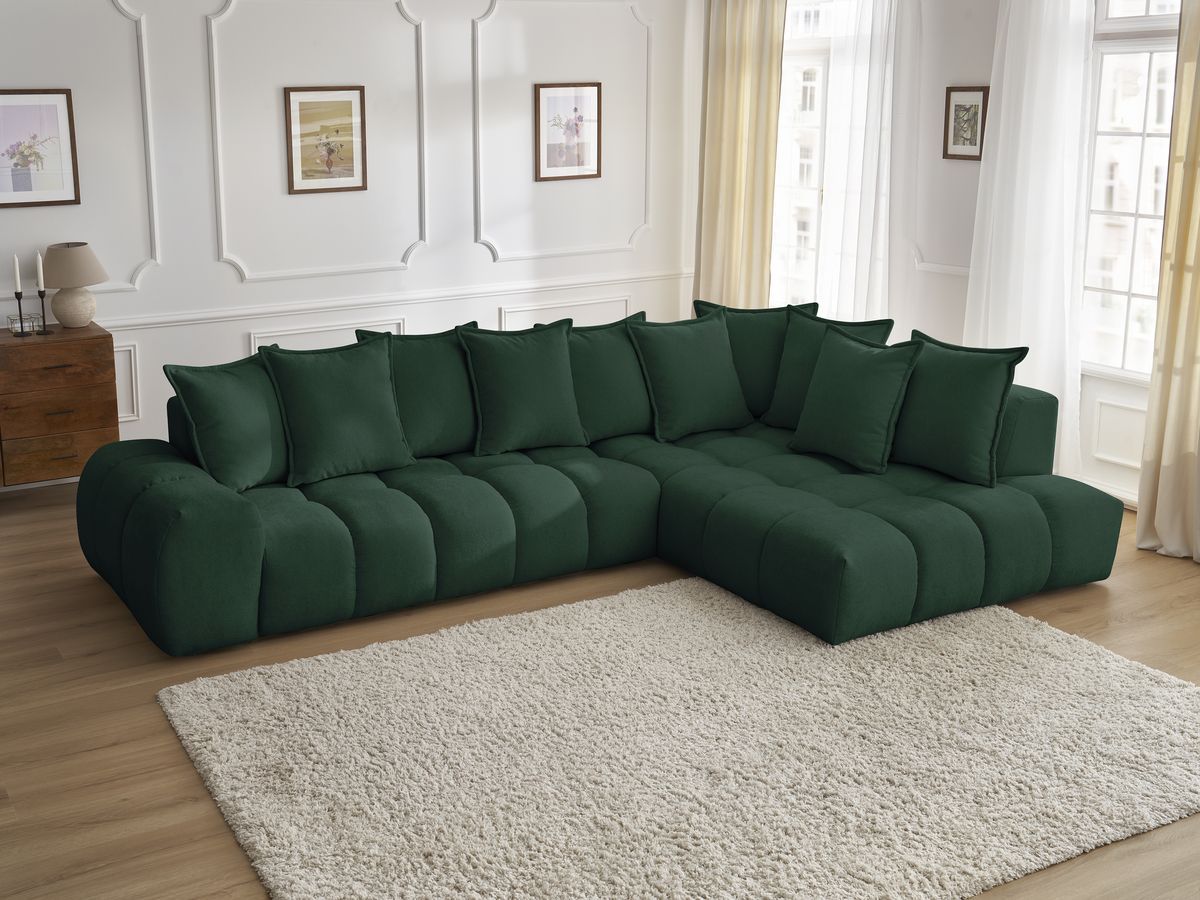 Canapé d'angle fixe EVEREST tissu texturé - Angle droit - 10 coussins