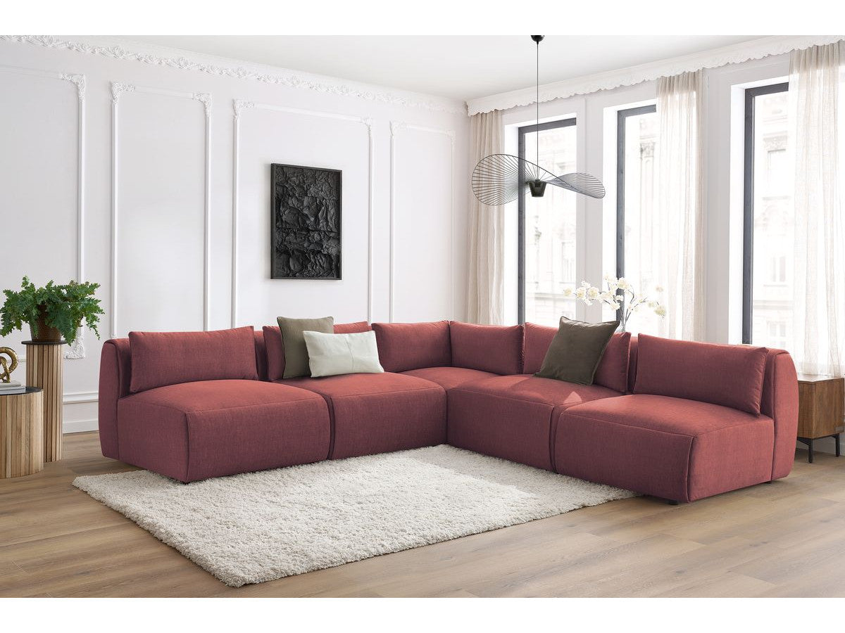 Canapé d'angle fixe modulable JEANNE tissu velours avec 4 chauffeuses et 1 angle - Réversible