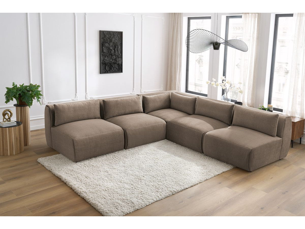 Canapé d'angle fixe modulable JEANNE tissu velours avec 4 chauffeuses et 1 angle - Réversible