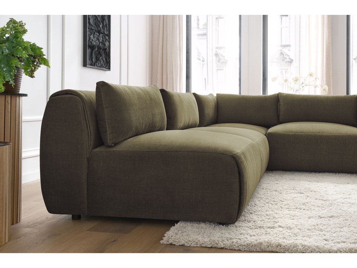 Canapé d'angle fixe modulable JEANNE tissu velours avec 4 chauffeuses et 1 angle - Réversible