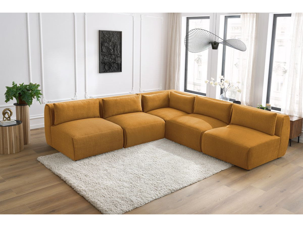 Canapé d'angle fixe modulable JEANNE tissu velours avec 4 chauffeuses et 1 angle - Réversible