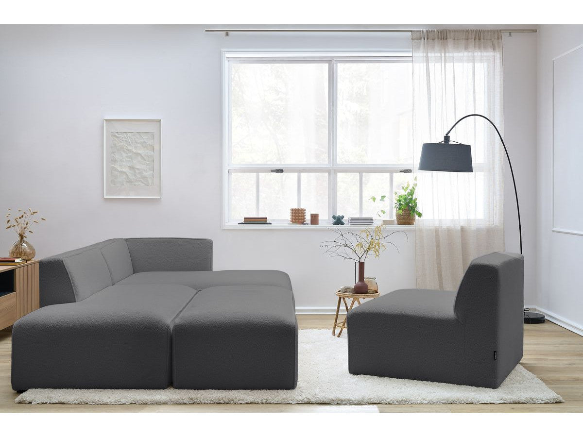 Canapé d'angle fixe modulable MEGEVE tissu bouclette avec 1 chauffeuse et 1 pouf - Angle droit