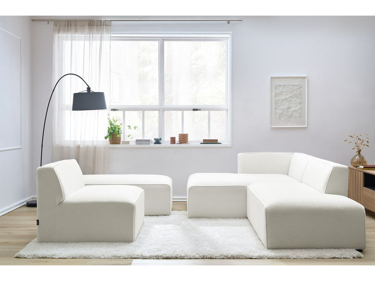 Canapé d'angle fixe modulable MEGEVE tissu bouclette avec 1 chauffeuse et 1 pouf - Angle gauche