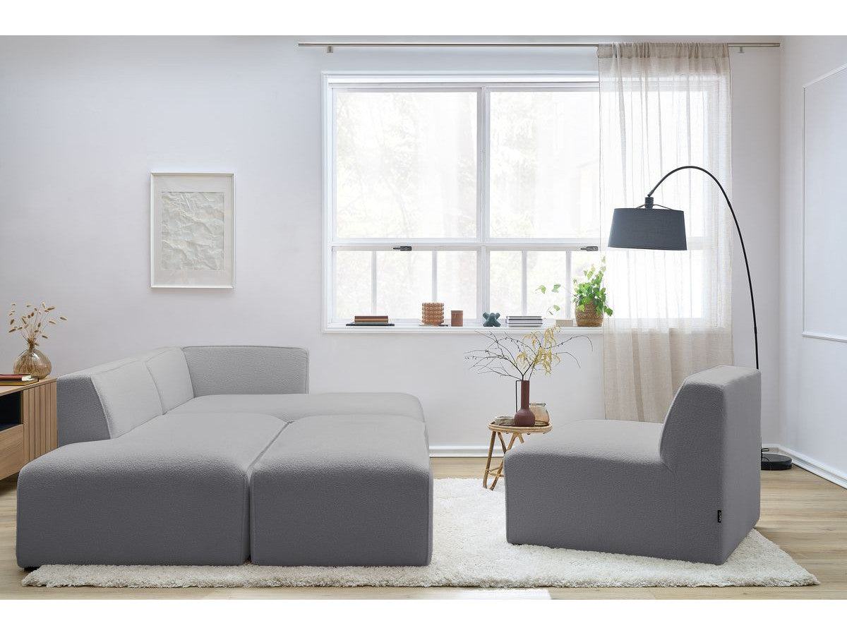 Canapé d'angle fixe modulable MEGEVE tissu bouclette avec 1 chauffeuse et 1 pouf - Angle droit