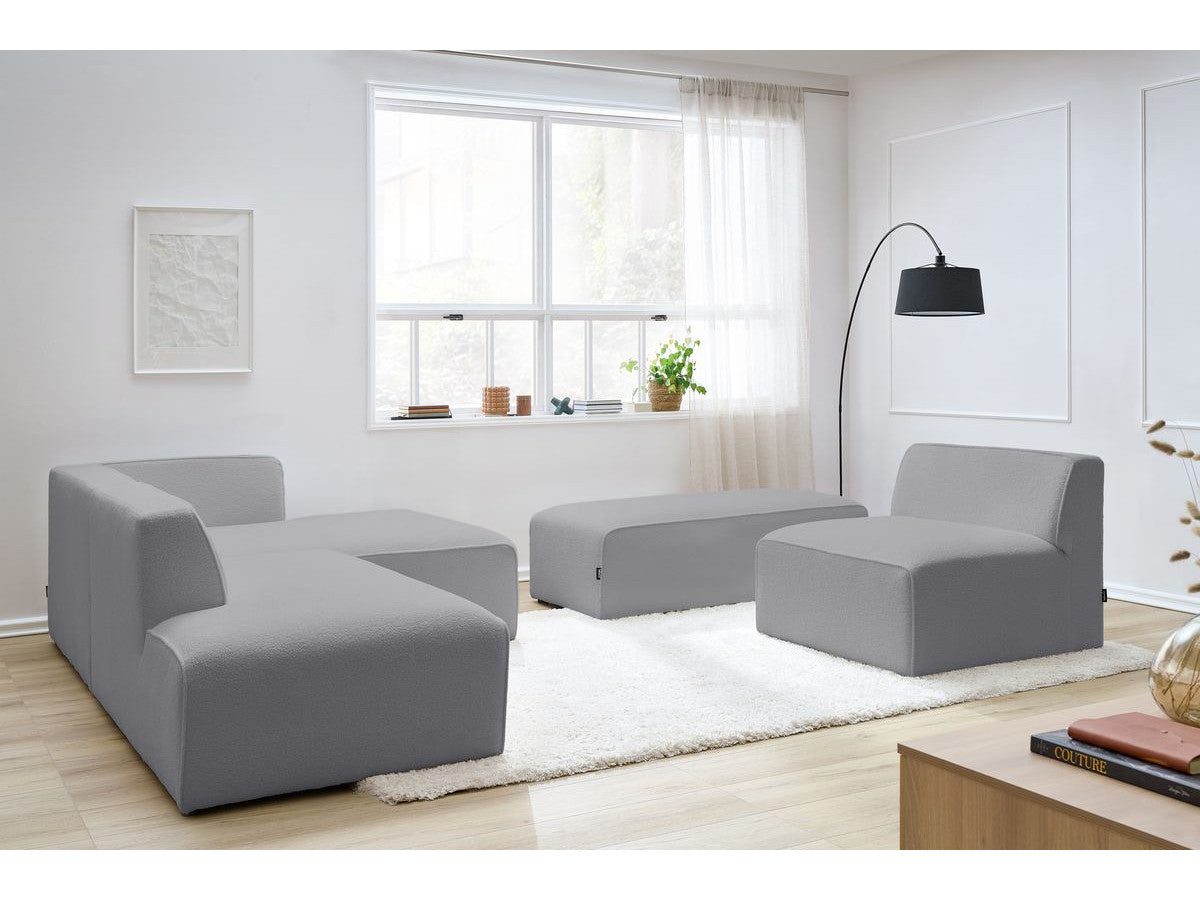 Canapé d'angle fixe modulable MEGEVE tissu bouclette avec 1 chauffeuse et 1 pouf - Angle droit