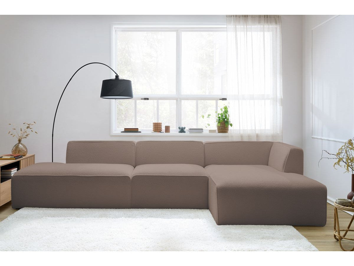 Canapé d'angle fixe modulable MEGEVE tissu bouclette avec 1 chauffeuse et 1 pouf - Angle droit