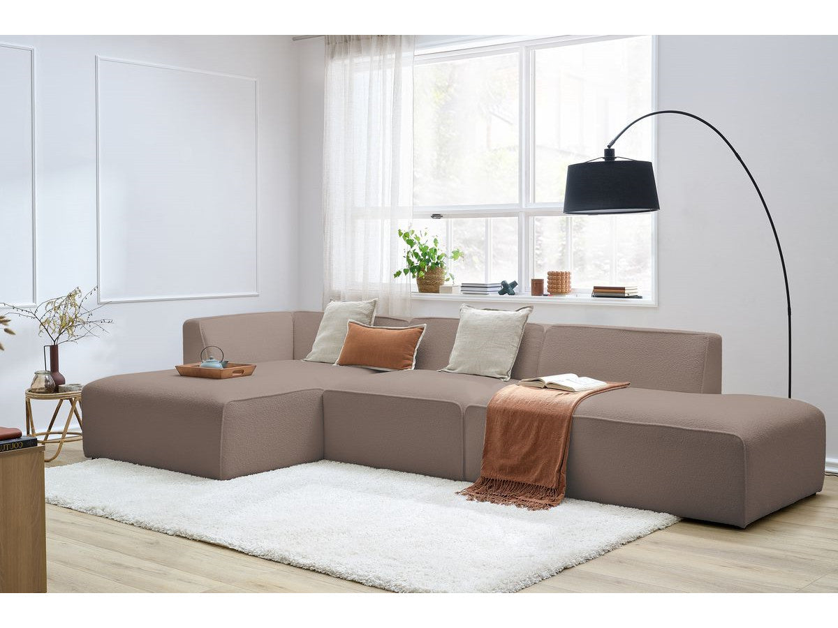 Canapé d'angle fixe modulable MEGEVE tissu bouclette avec 1 chauffeuse et 1 pouf - Angle gauche