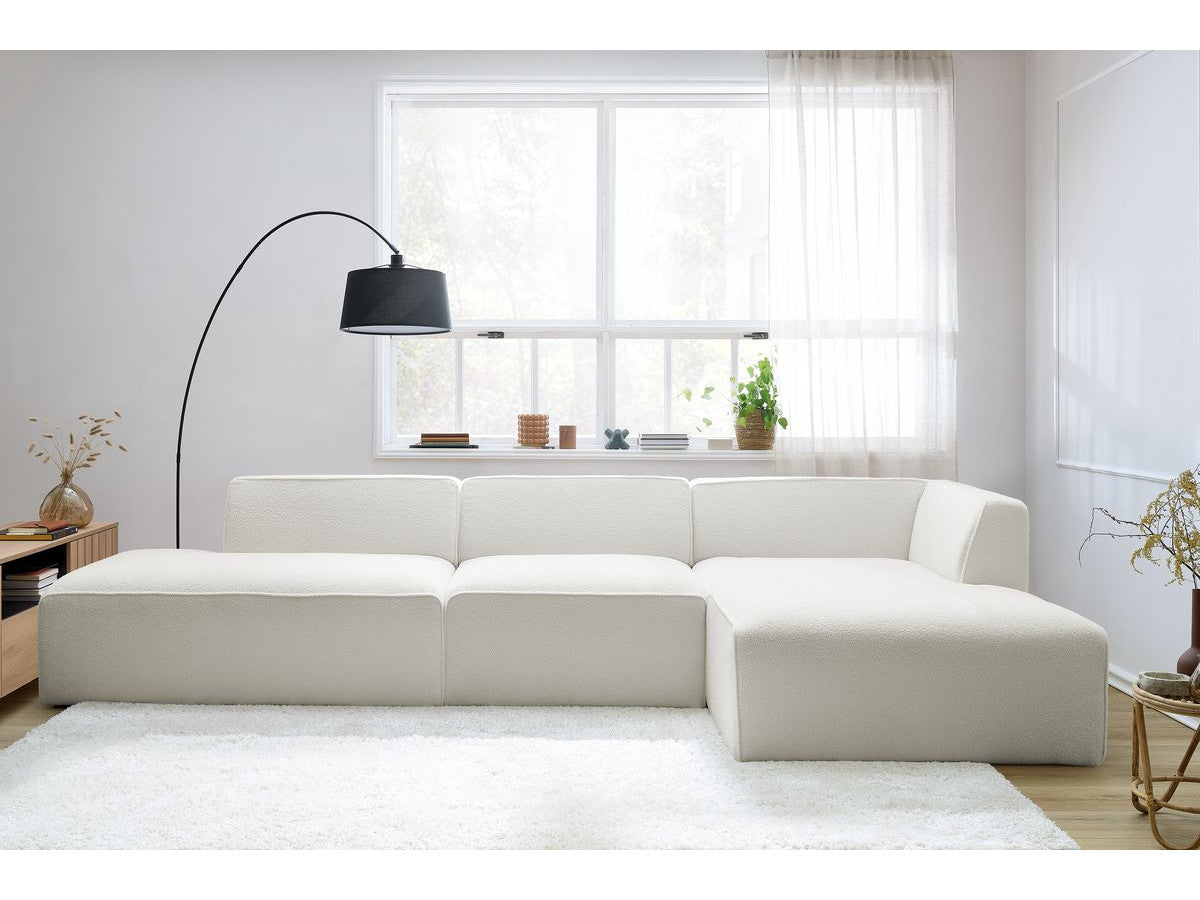 Canapé d'angle fixe modulable MEGEVE tissu bouclette avec 1 chauffeuse et 1 pouf - Angle droit