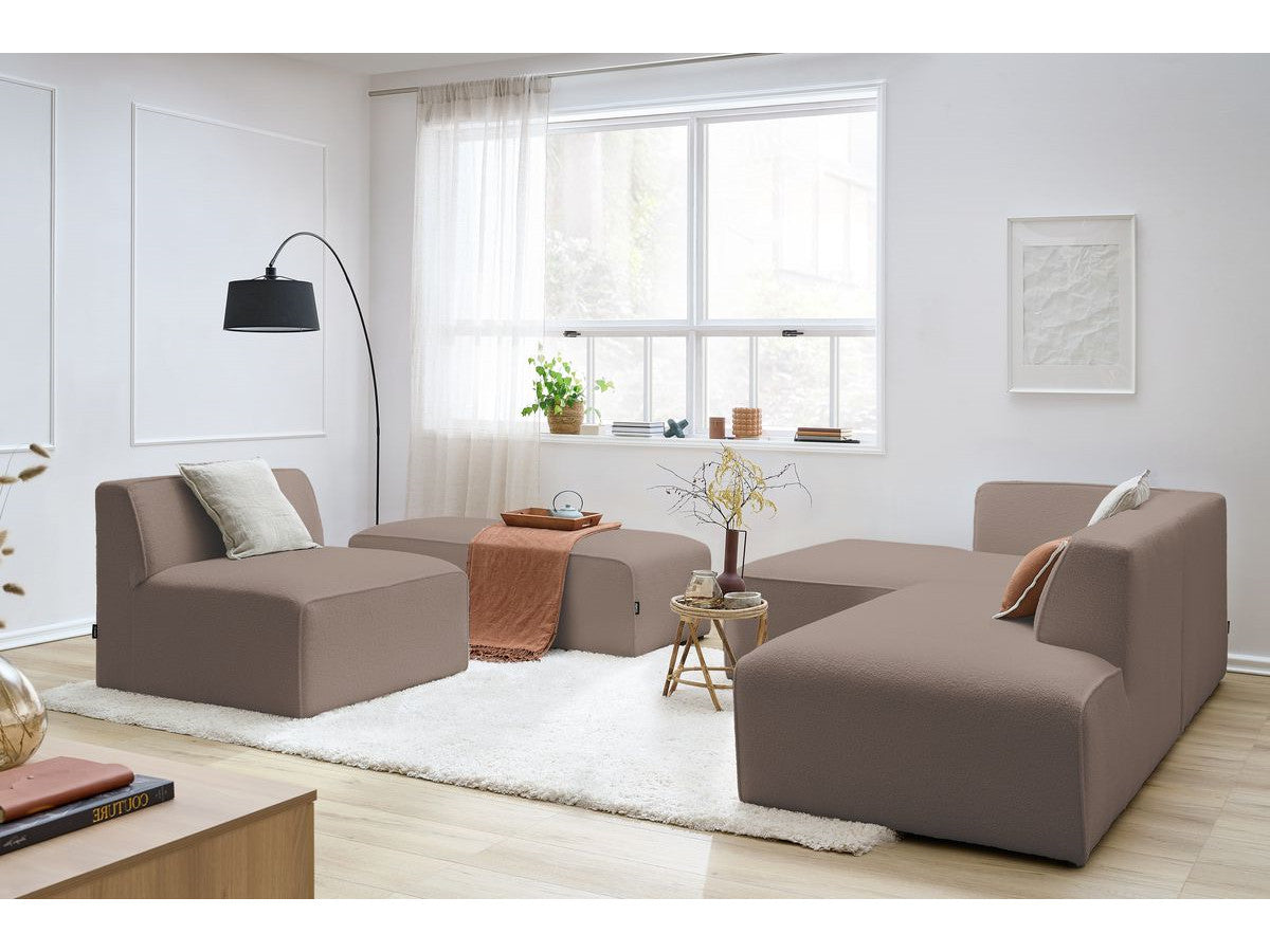 Canapé d'angle fixe modulable MEGEVE tissu bouclette avec 1 chauffeuse et 1 pouf - Angle gauche