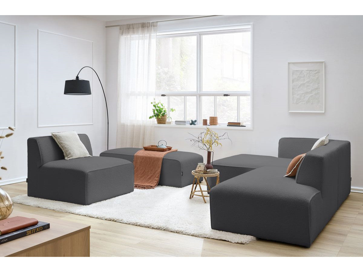 Canapé d'angle fixe modulable MEGEVE tissu bouclette avec 1 chauffeuse et 1 pouf - Angle gauche