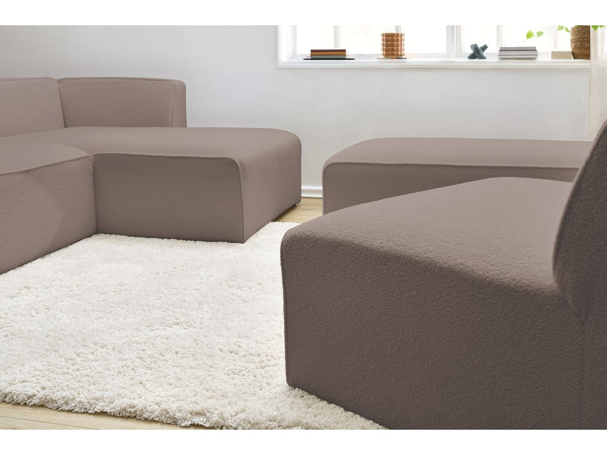 Canapé d'angle fixe modulable MEGEVE tissu bouclette avec 1 chauffeuse et 1 pouf - Angle droit