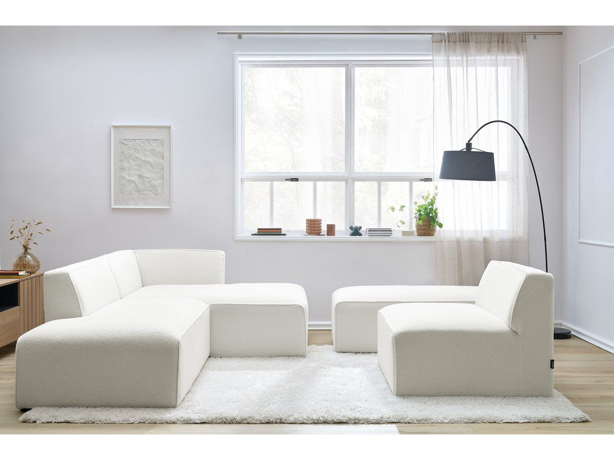 Canapé d'angle fixe modulable MEGEVE tissu bouclette avec 1 chauffeuse et 1 pouf - Angle droit