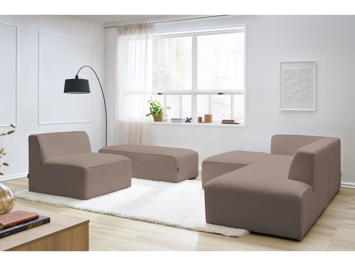 Canapé d'angle fixe modulable MEGEVE tissu bouclette avec 1 chauffeuse et 1 pouf - Angle gauche