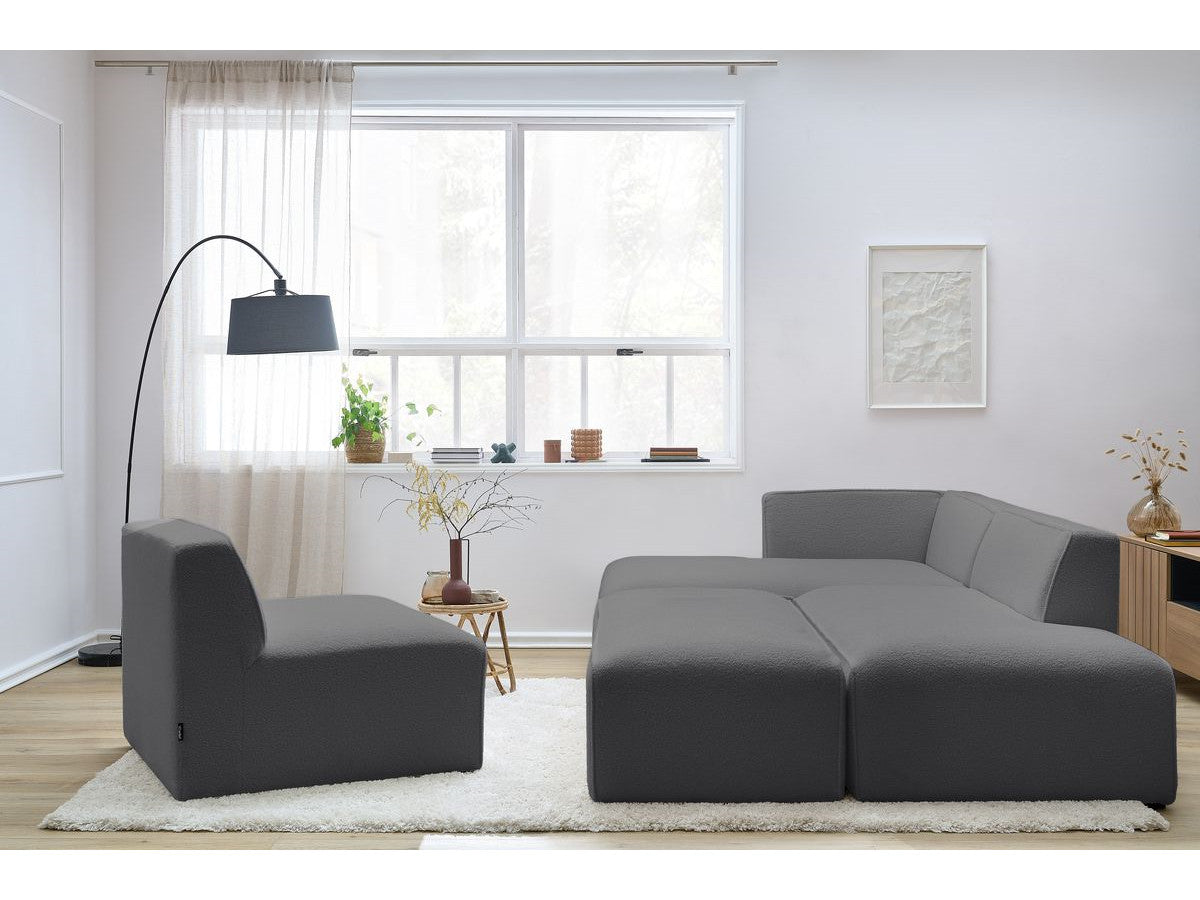 Canapé d'angle fixe modulable MEGEVE tissu bouclette avec 1 chauffeuse et 1 pouf - Angle gauche