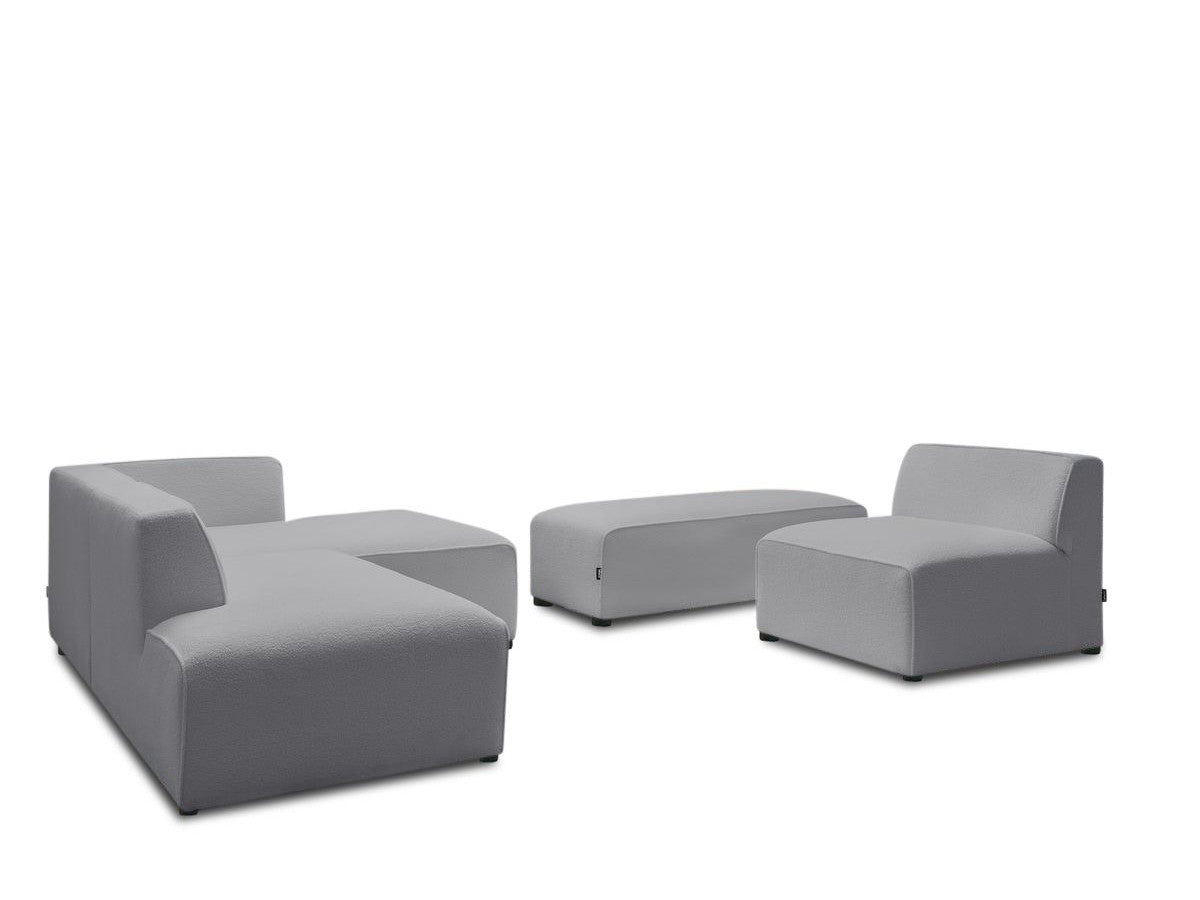 Canapé d'angle fixe modulable MEGEVE tissu bouclette avec 1 chauffeuse et 1 pouf - Angle droit