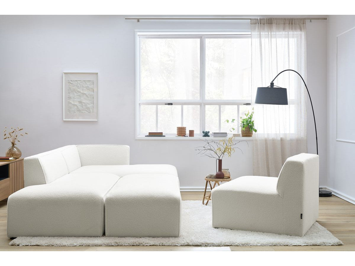 Canapé d'angle fixe modulable MEGEVE tissu bouclette avec 1 chauffeuse et 1 pouf - Angle droit