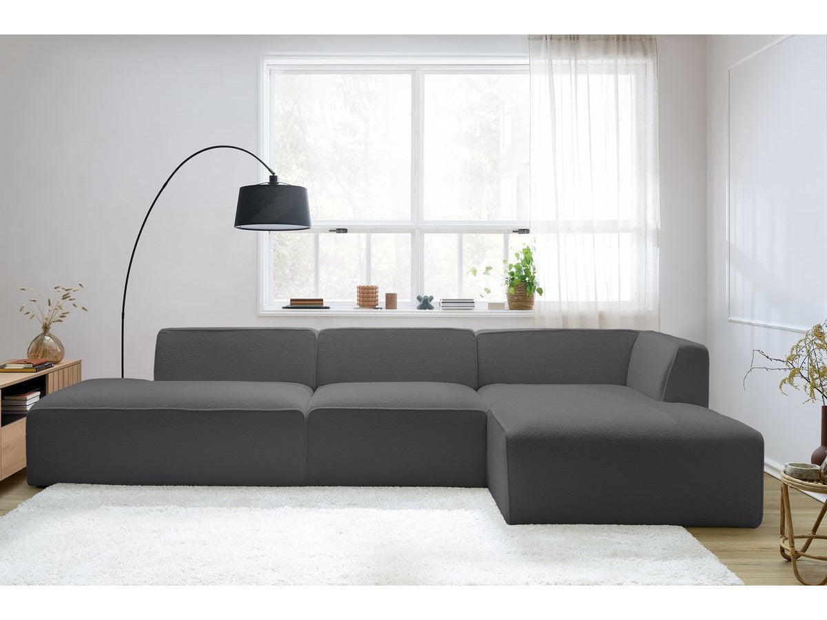 Canapé d'angle fixe modulable MEGEVE tissu bouclette avec 1 chauffeuse et 1 pouf - Angle droit