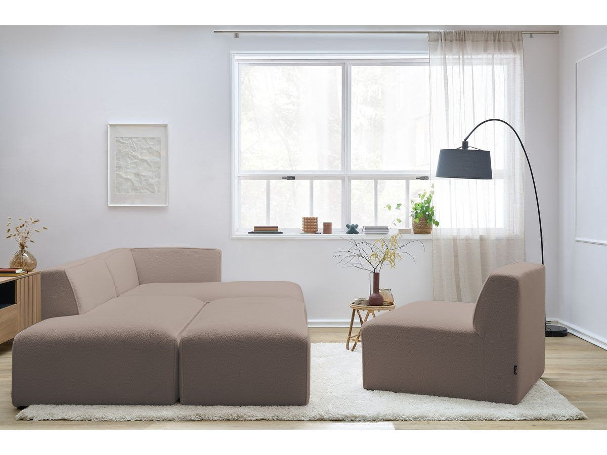 Canapé d'angle fixe modulable MEGEVE tissu bouclette avec 1 chauffeuse et 1 pouf - Angle droit