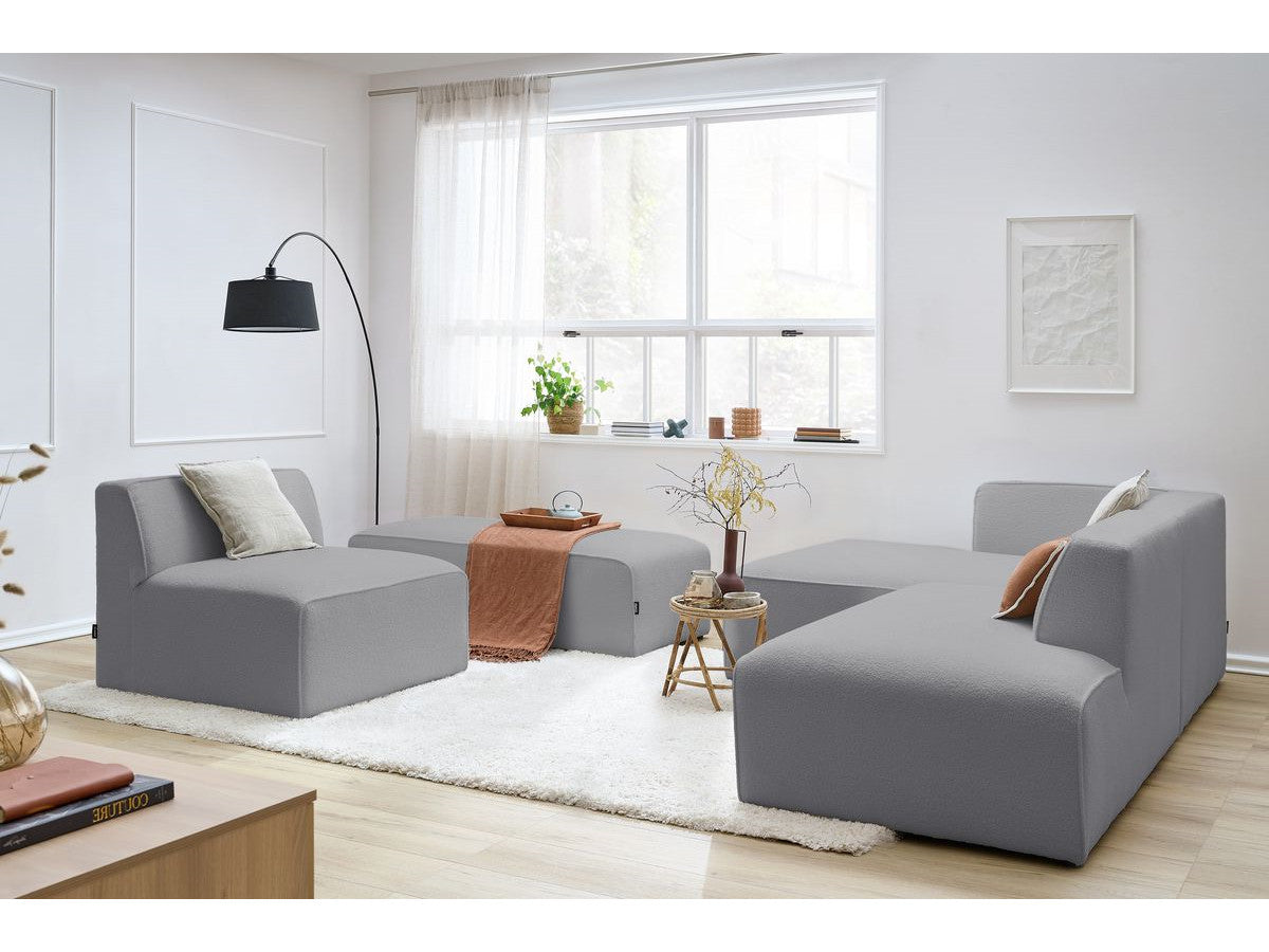 Canapé d'angle fixe modulable MEGEVE tissu bouclette avec 1 chauffeuse et 1 pouf - Angle gauche