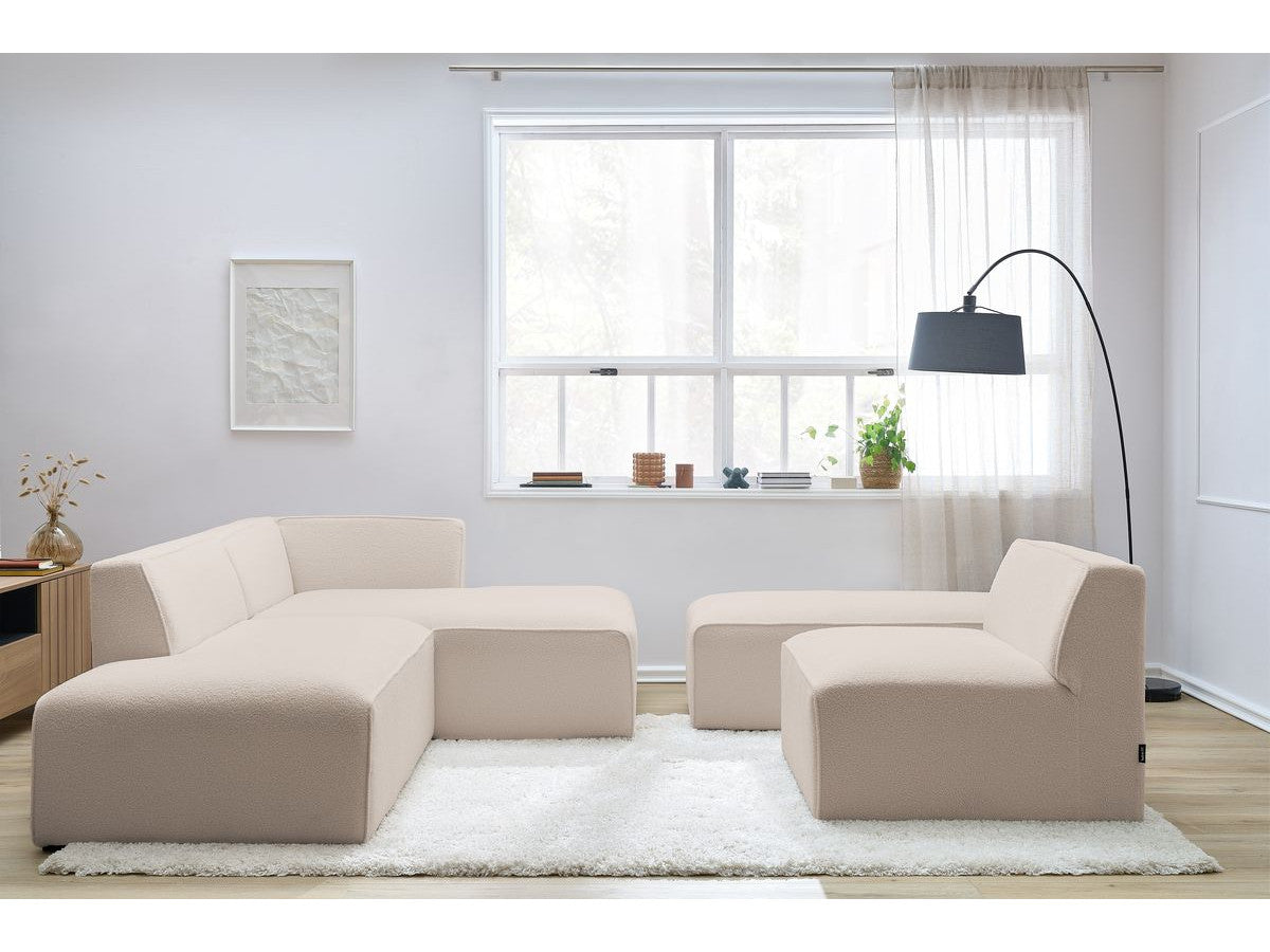 Canapé d'angle fixe modulable MEGEVE tissu bouclette avec 1 chauffeuse et 1 pouf - Angle droit