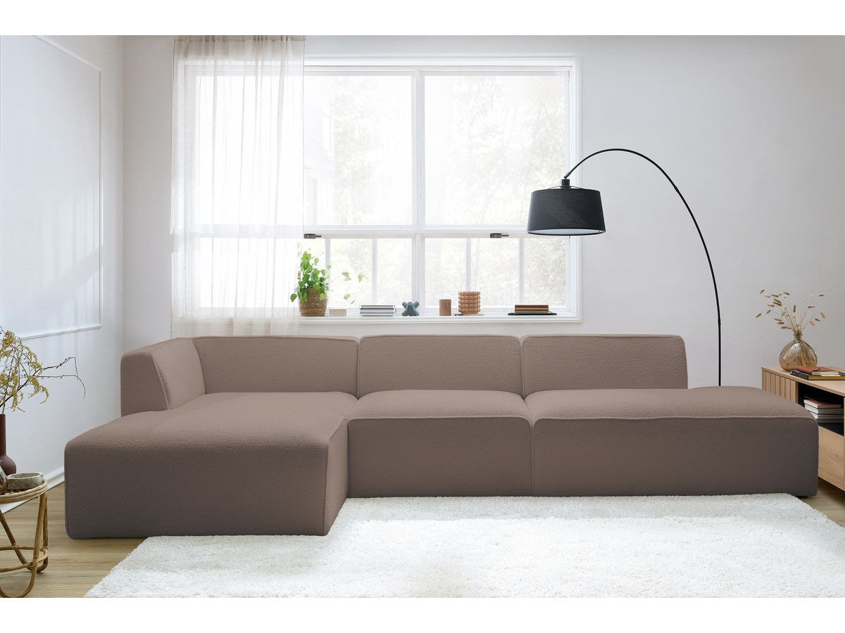 Canapé d'angle fixe modulable MEGEVE tissu bouclette avec 1 chauffeuse et 1 pouf - Angle gauche