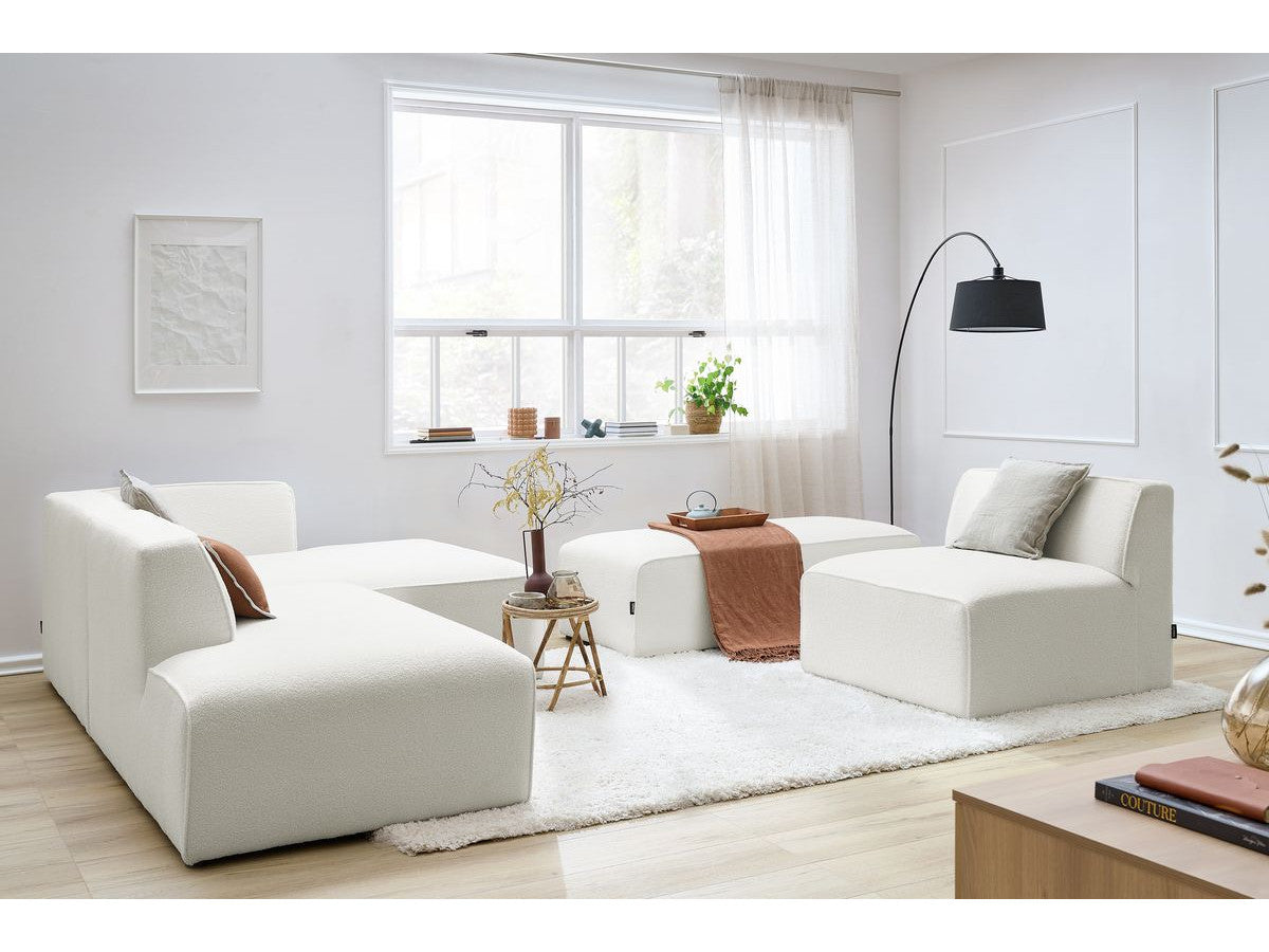 Canapé d'angle fixe modulable MEGEVE tissu bouclette avec 1 chauffeuse et 1 pouf - Angle droit
