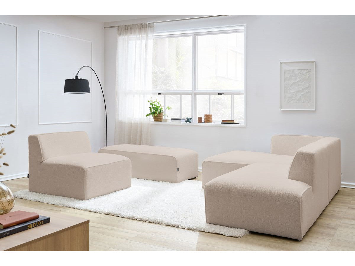 Canapé d'angle fixe modulable MEGEVE tissu bouclette avec 1 chauffeuse et 1 pouf - Angle gauche