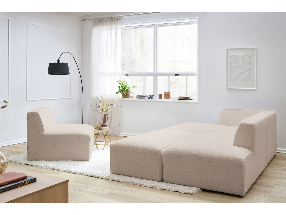 Canapé d'angle fixe modulable MEGEVE tissu bouclette avec 1 chauffeuse et 1 pouf - Angle gauche