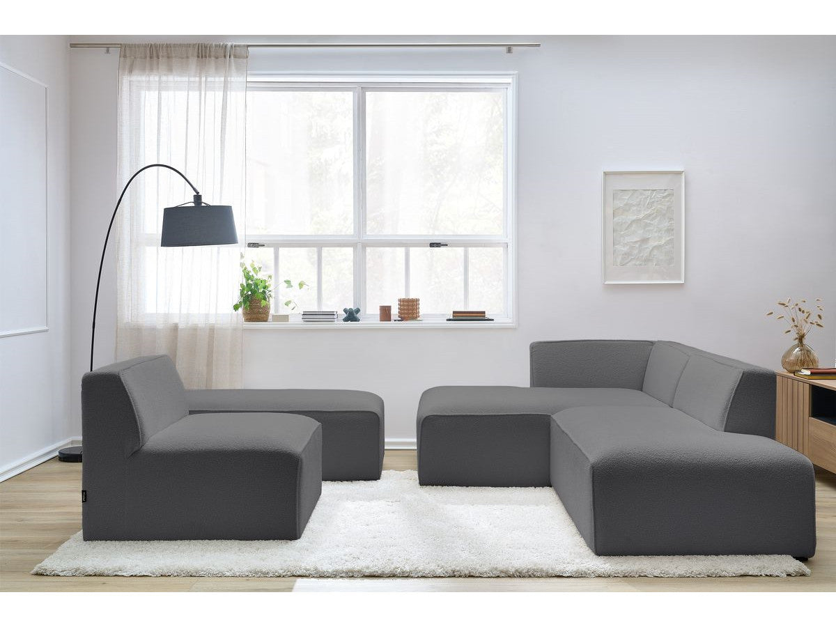 Canapé d'angle fixe modulable MEGEVE tissu bouclette avec 1 chauffeuse et 1 pouf - Angle gauche