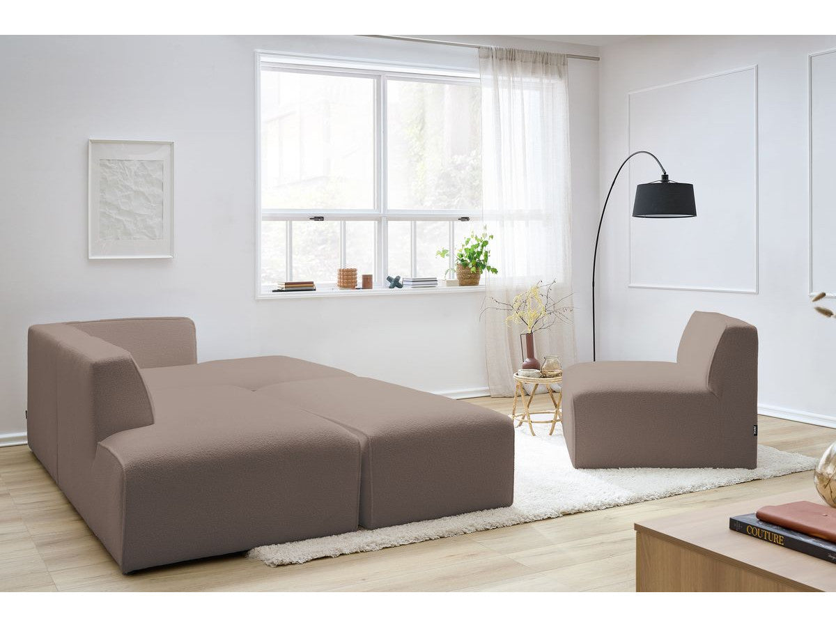 Canapé d'angle fixe modulable MEGEVE tissu bouclette avec 1 chauffeuse et 1 pouf - Angle droit