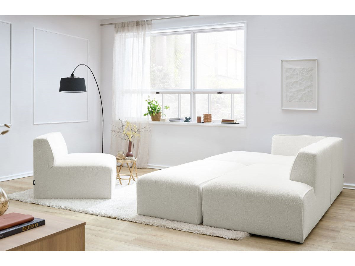 Canapé d'angle fixe modulable MEGEVE tissu bouclette avec 1 chauffeuse et 1 pouf - Angle gauche