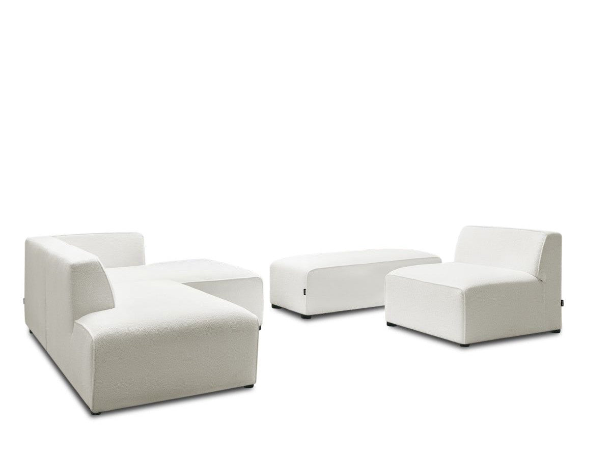 Canapé d'angle fixe modulable MEGEVE tissu bouclette avec 1 chauffeuse et 1 pouf - Angle droit